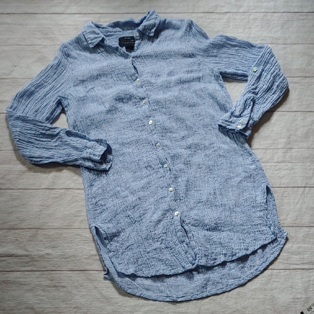 Blue Crinkled Linen Button-Up Shirt Tunic Length Coastal - Picture 2 of 9